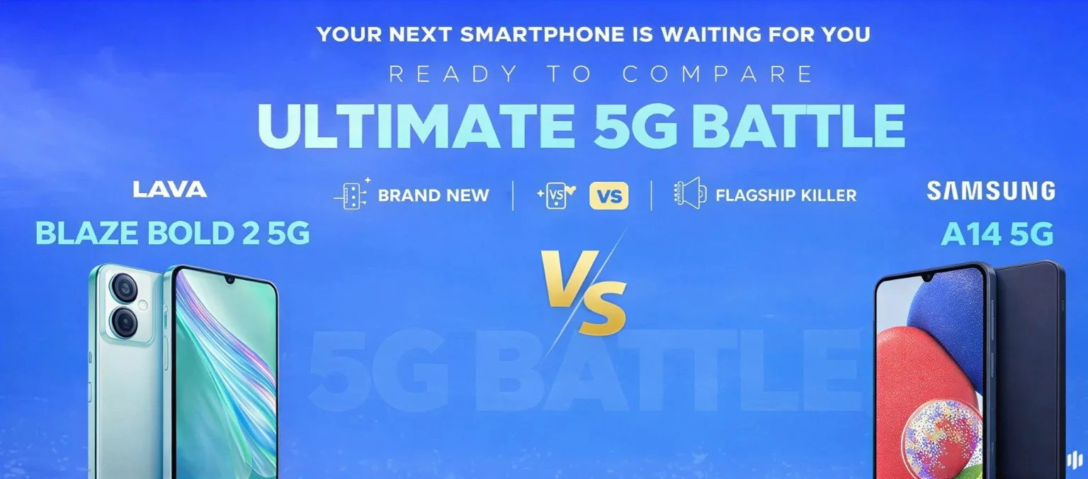 Lava Bold 2 5G vs Samsung Galaxy A14 5G comparison banner highlighting AMOLED display and performance