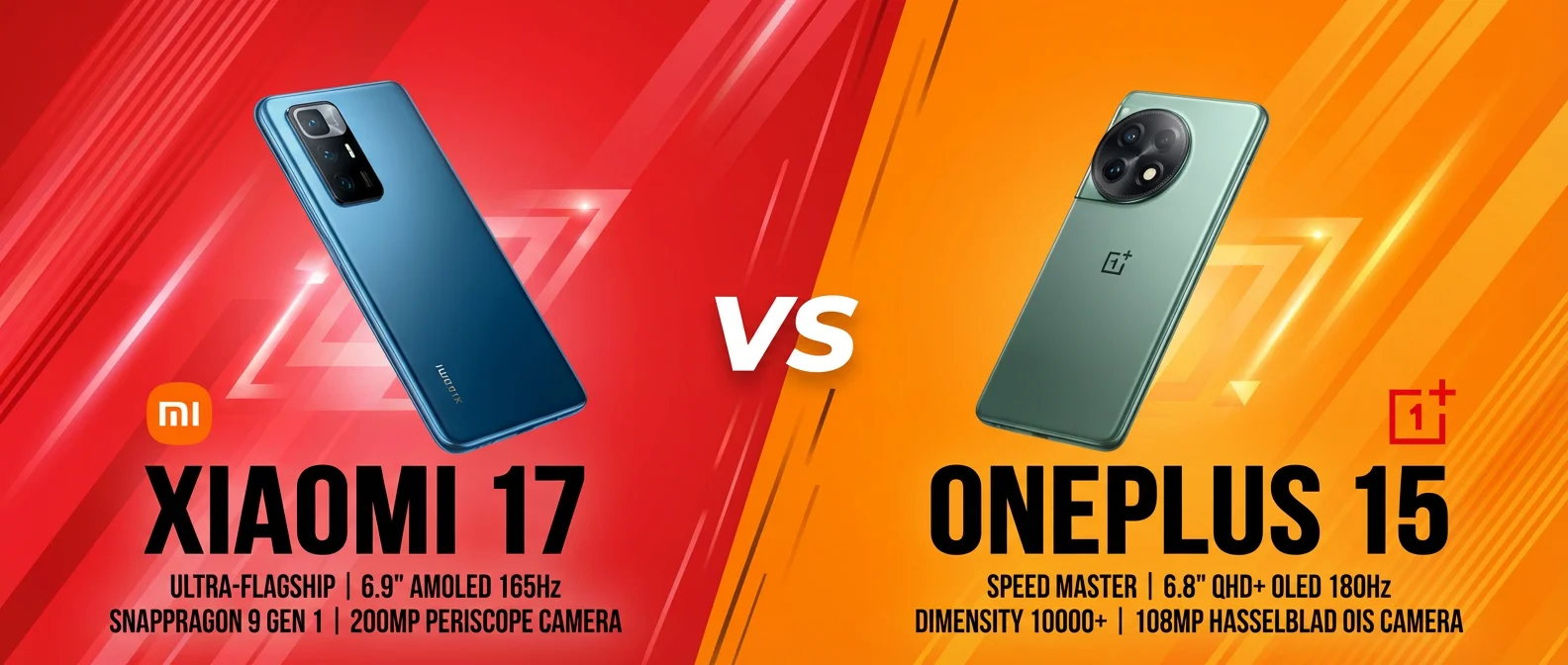 Xiaomi 17 vs OnePlus 15 comparison banner showing flagship smartphones with Snapdragon 8 Elite processor, AMOLED display, and large battery