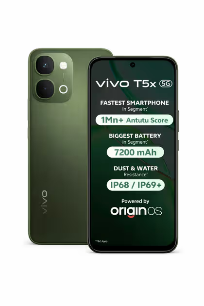 Vivo T5x 5G front view displaying 6.72 inch screen