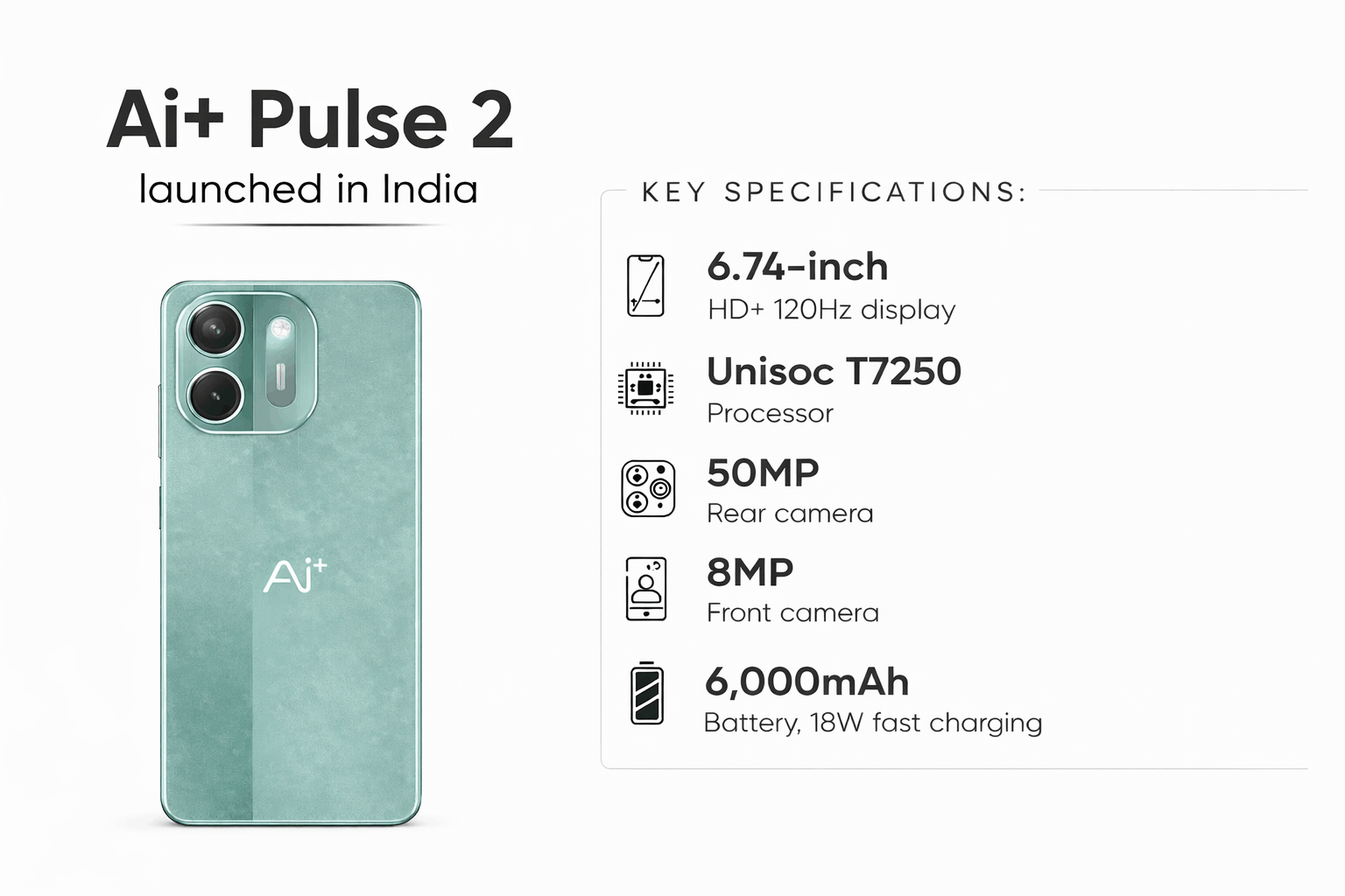 AI+ Pulse 2 smartphone with 6000mAh battery, 50MP camera and 120Hz display launched in India
