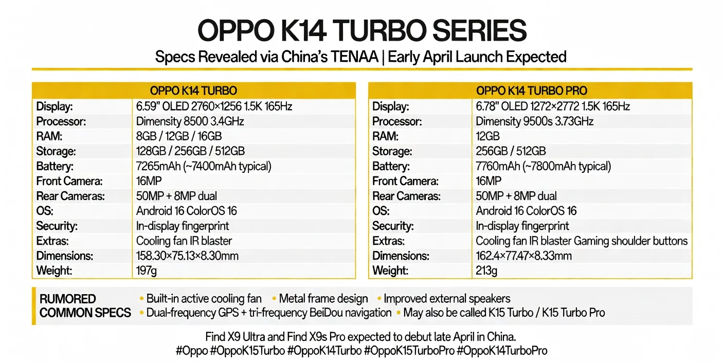 OPPO K15 Turbo Series specifications overview including battery, processor, display and features